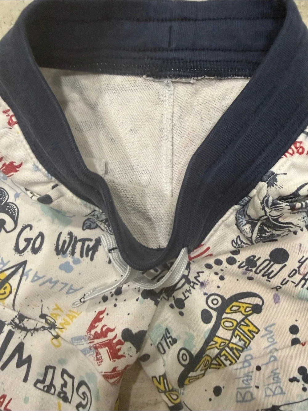 Graphic Drawstring Boys Shorts in White with Navy Waistband